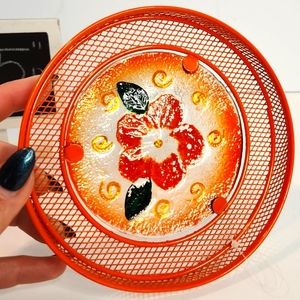 Vintage 90s‎ metal and glass orange flowered reverse painted suncatcher